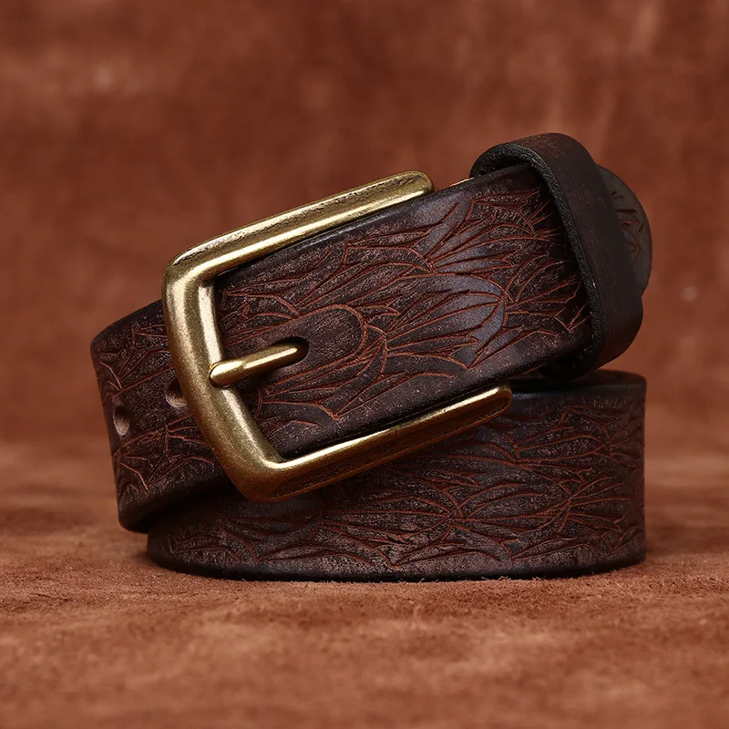 Genuine Leather Belt with Carved Copper Buckle