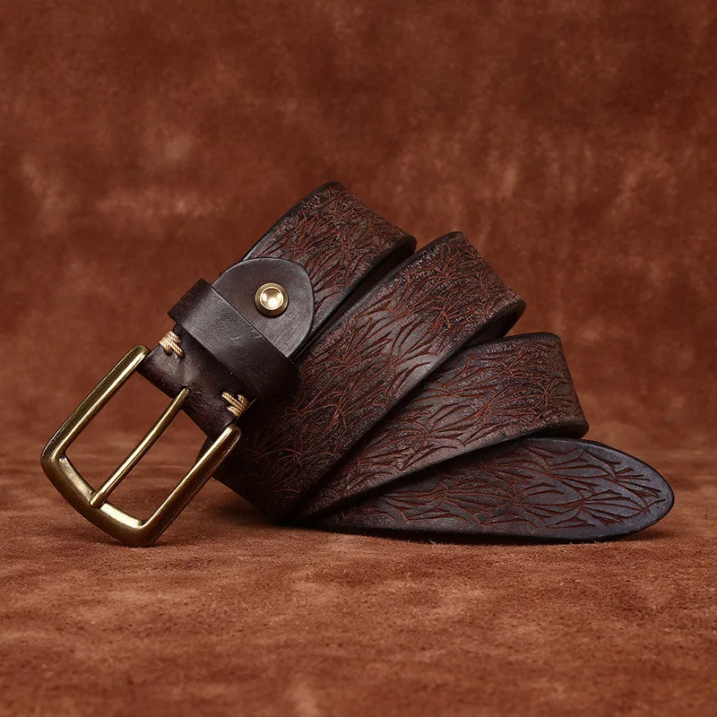 Genuine Leather Belt with Carved Copper Buckle