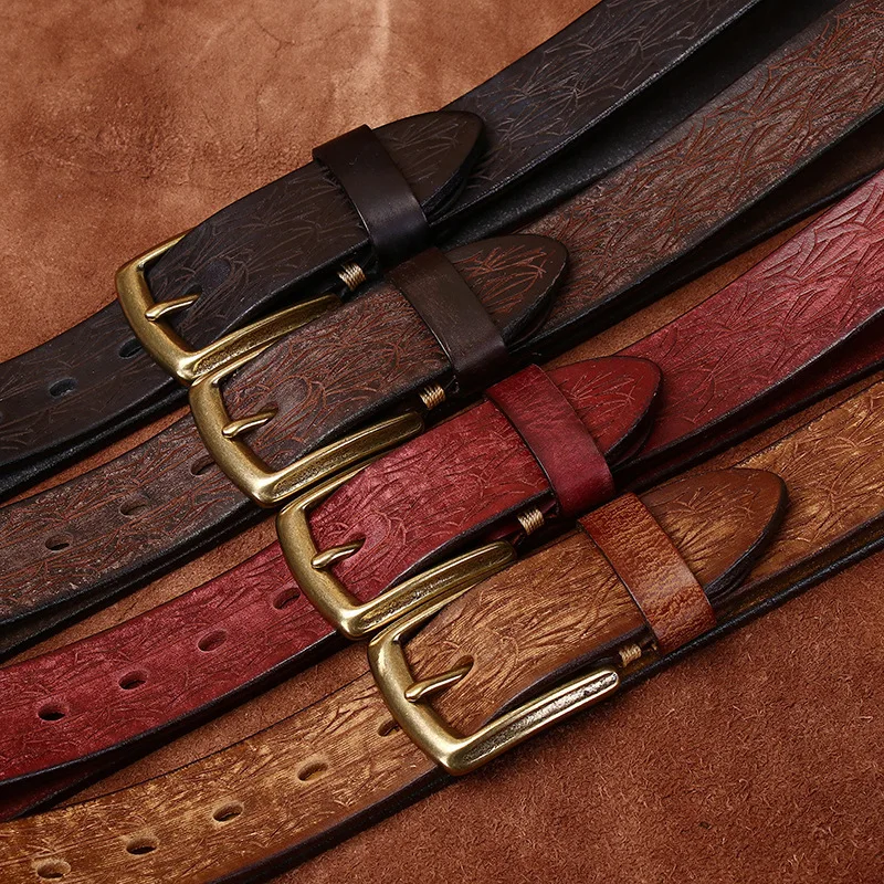 Genuine Leather Belt with Carved Copper Buckle