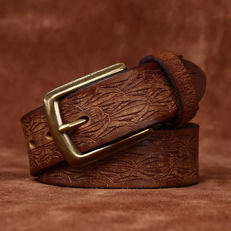 Genuine Leather Belt with Carved Copper Buckle