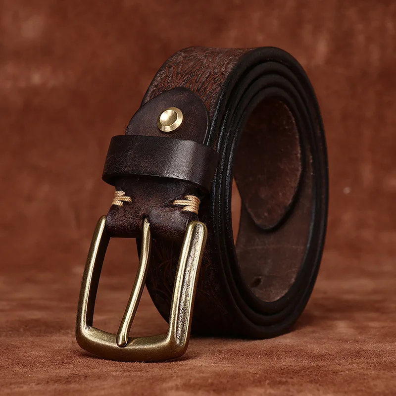 Genuine Leather Belt with Carved Copper Buckle