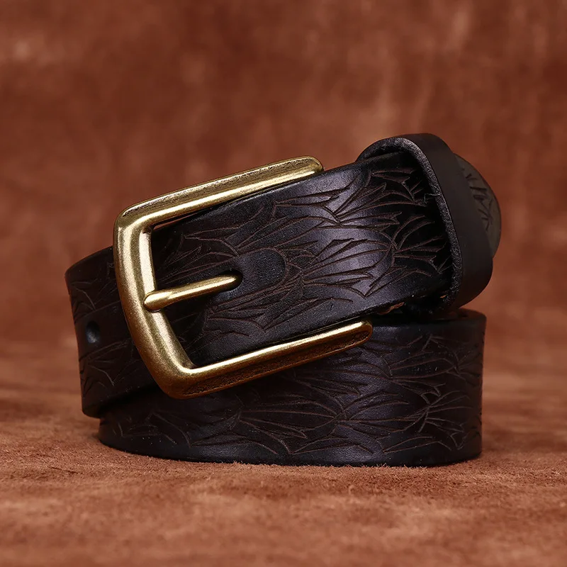 Genuine Leather Belt with Carved Copper Buckle