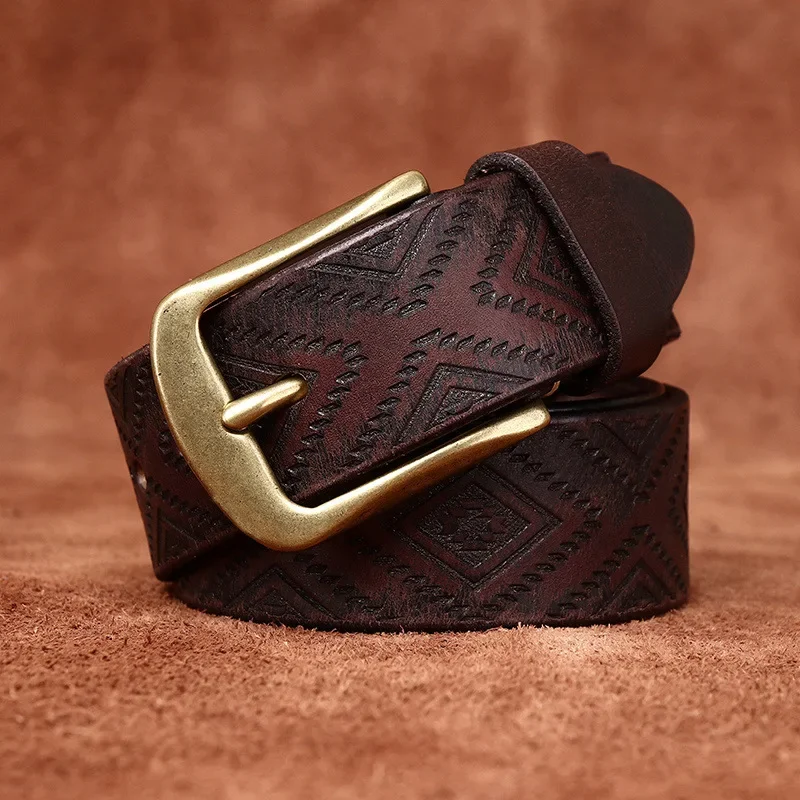 Leather Mens Brass Buckle Western Belts