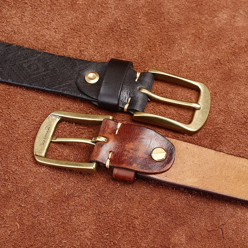 Leather Mens Brass Buckle Western Belts
