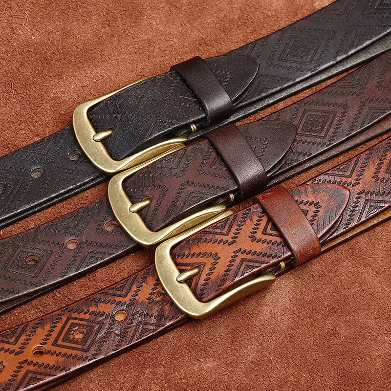 Leather Mens Brass Buckle Western Belts