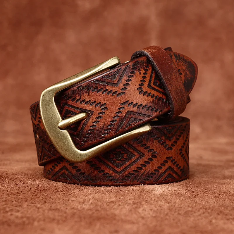 Leather Mens Brass Buckle Western Belts