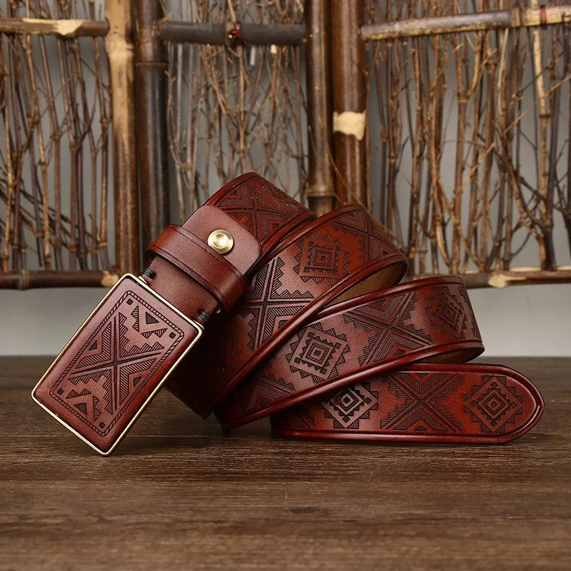 Retro Engraved Pattern Buckle Leather Belt