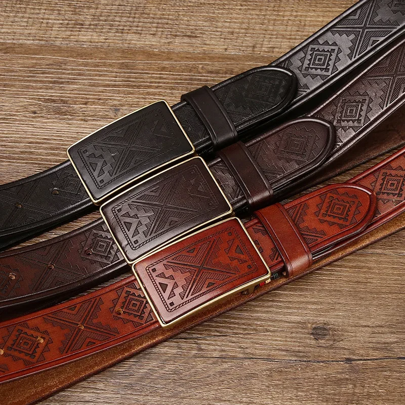 Retro Engraved Pattern Buckle Leather Belt