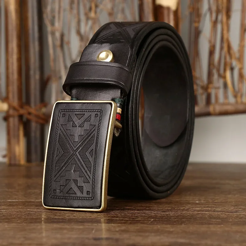 Retro Engraved Pattern Buckle Leather Belt