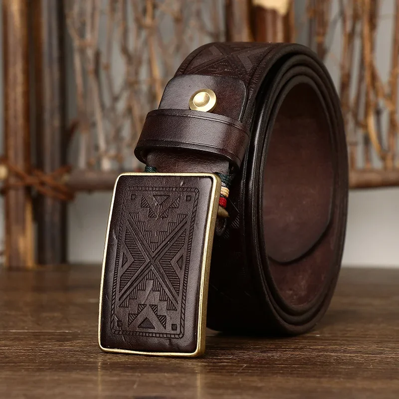 Retro Engraved Pattern Buckle Leather Belt
