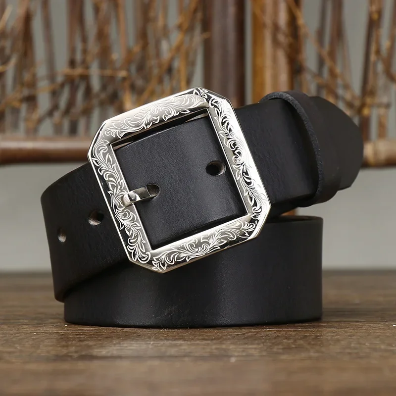 Jeans Belt with Carved Stainless Steel Buckle