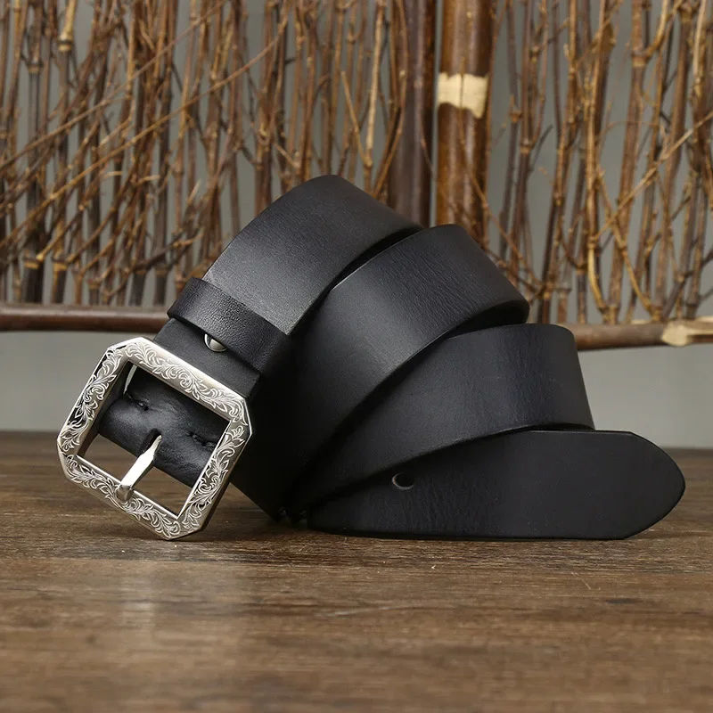 Jeans Belt with Carved Stainless Steel Buckle