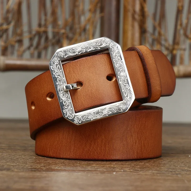 Jeans Belt with Carved Stainless Steel Buckle