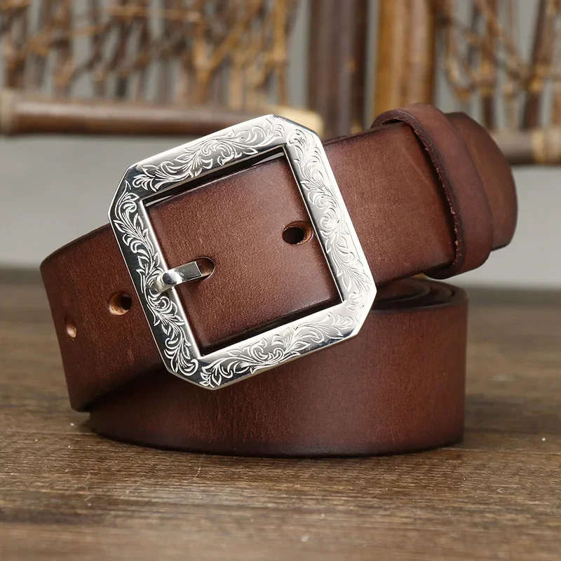 Jeans Belt with Carved Stainless Steel Buckle
