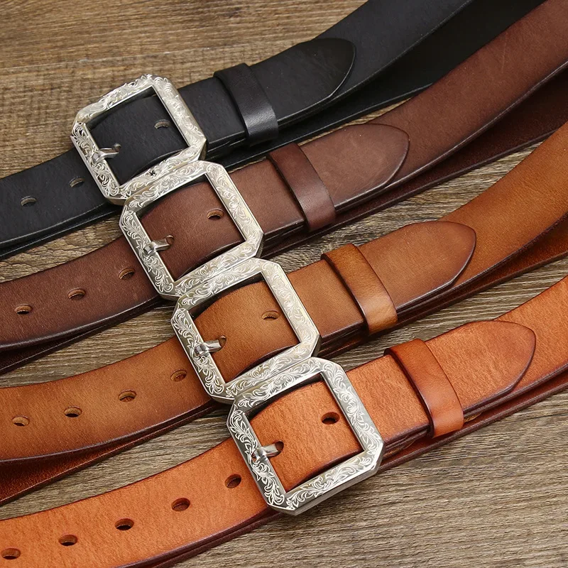Jeans Belt with Carved Stainless Steel Buckle