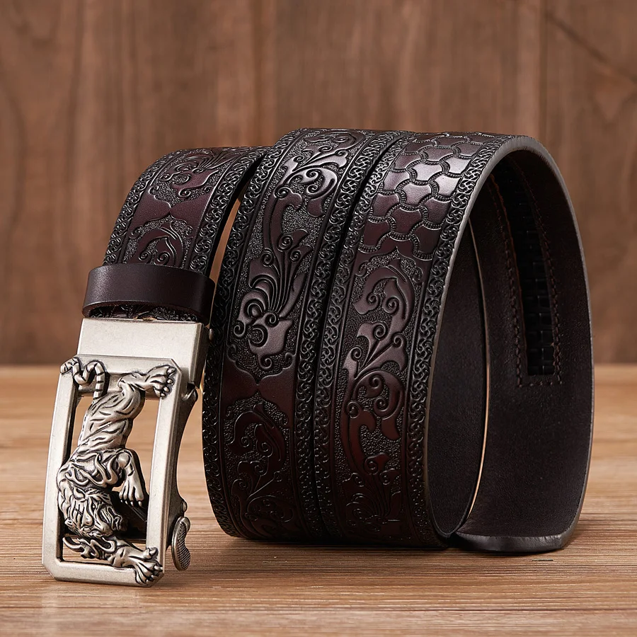 Tiger Buckle Leather Belt with Floral Pattern