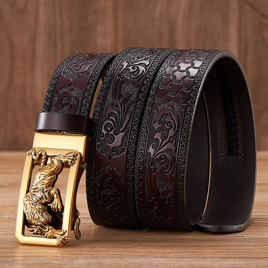 Tiger Buckle Leather Belt with Floral Pattern