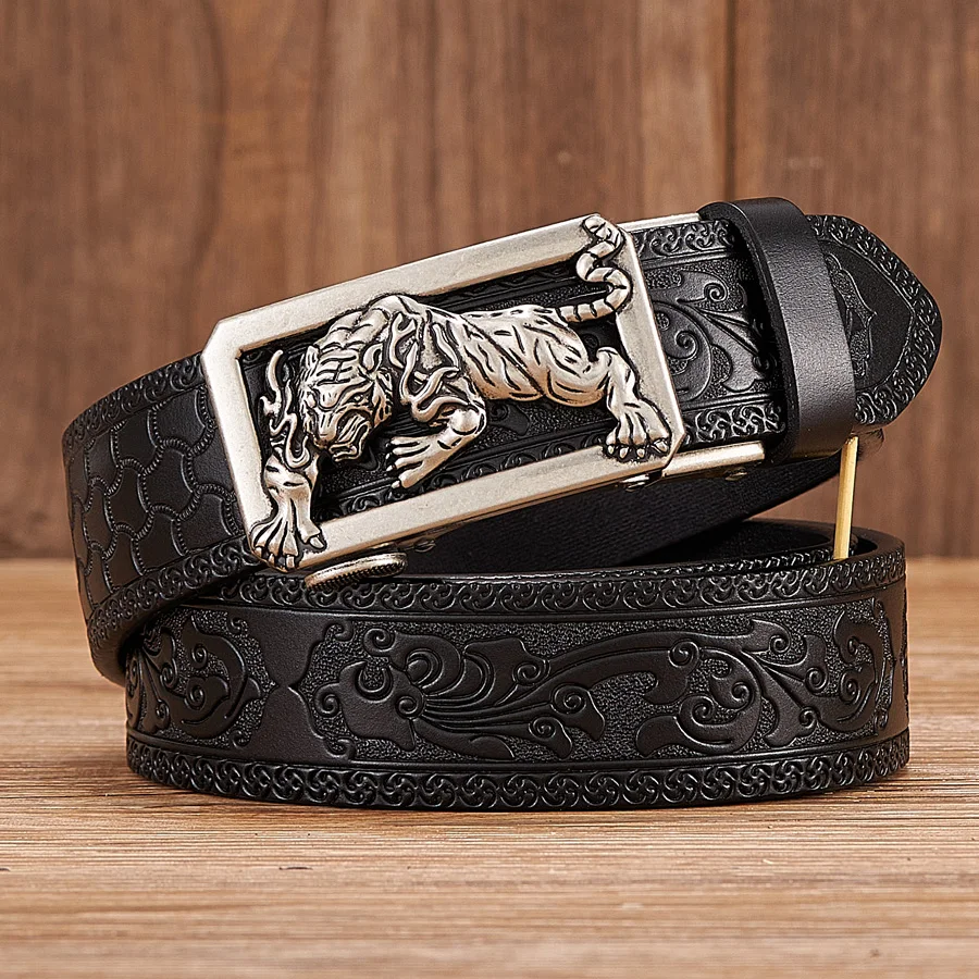 Tiger Buckle Leather Belt with Floral Pattern