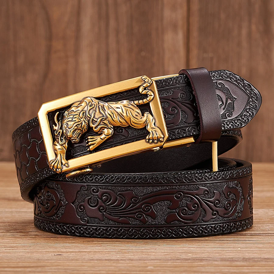 Tiger Buckle Leather Belt with Floral Pattern