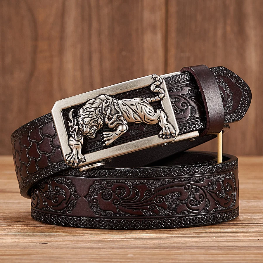 Tiger Buckle Leather Belt with Floral Pattern