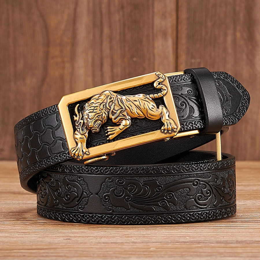 Tiger Buckle Leather Belt with Floral Pattern