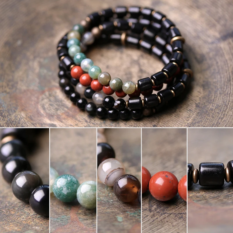 Ebony Red Stone Moss Ocean Beads Bracelet