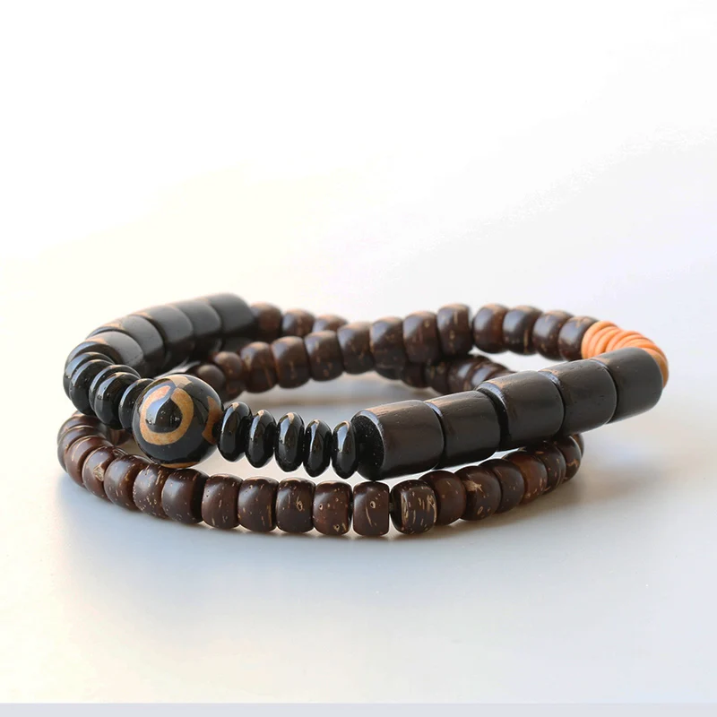 Dark Wood Tibetan Beads Onyx Bracelet