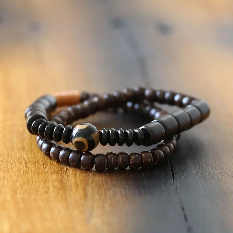Dark Wood Tibetan Beads Onyx Bracelet