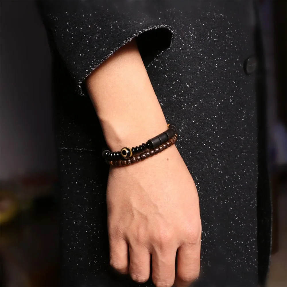 Dark Wood Tibetan Beads Onyx Bracelet
