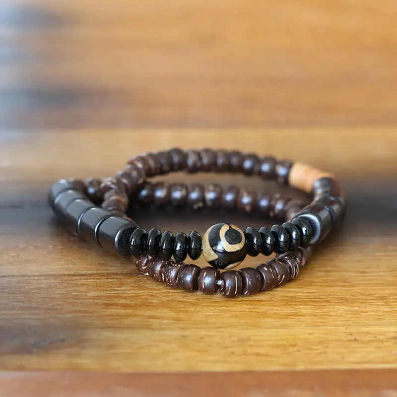 Dark Wood Tibetan Beads Onyx Bracelet
