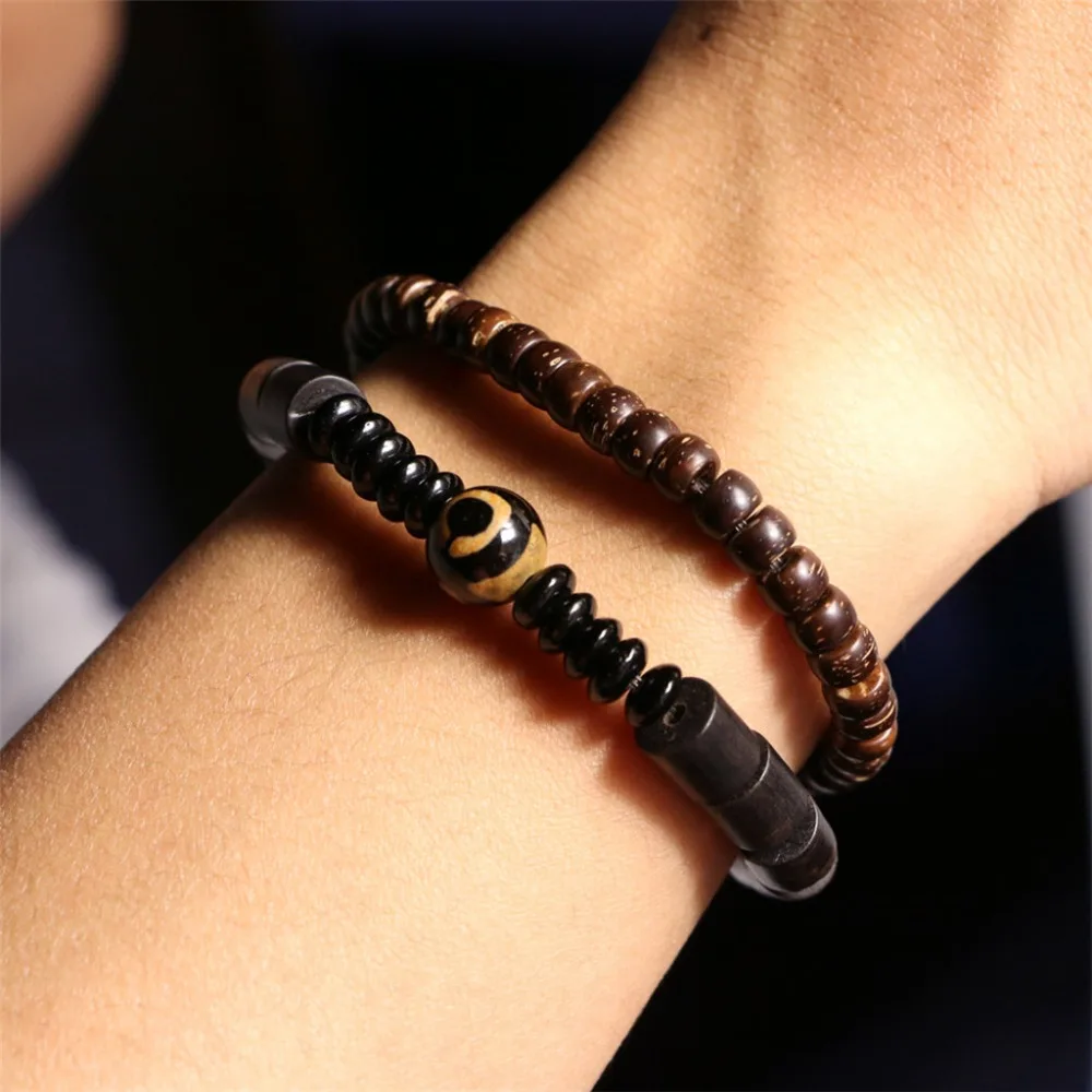 Dark Wood Tibetan Beads Onyx Bracelet