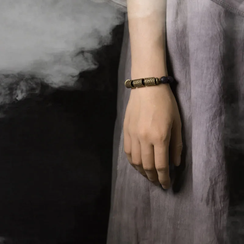 Hammered Brass and Lava Stone Bracelet