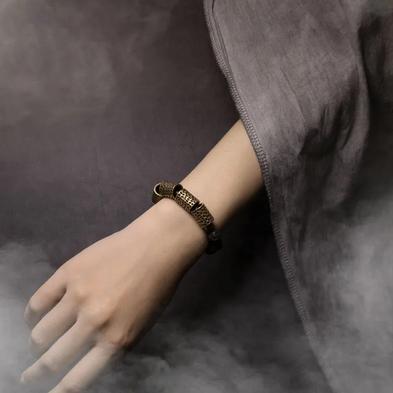 Hammered Brass and Lava Stone Bracelet
