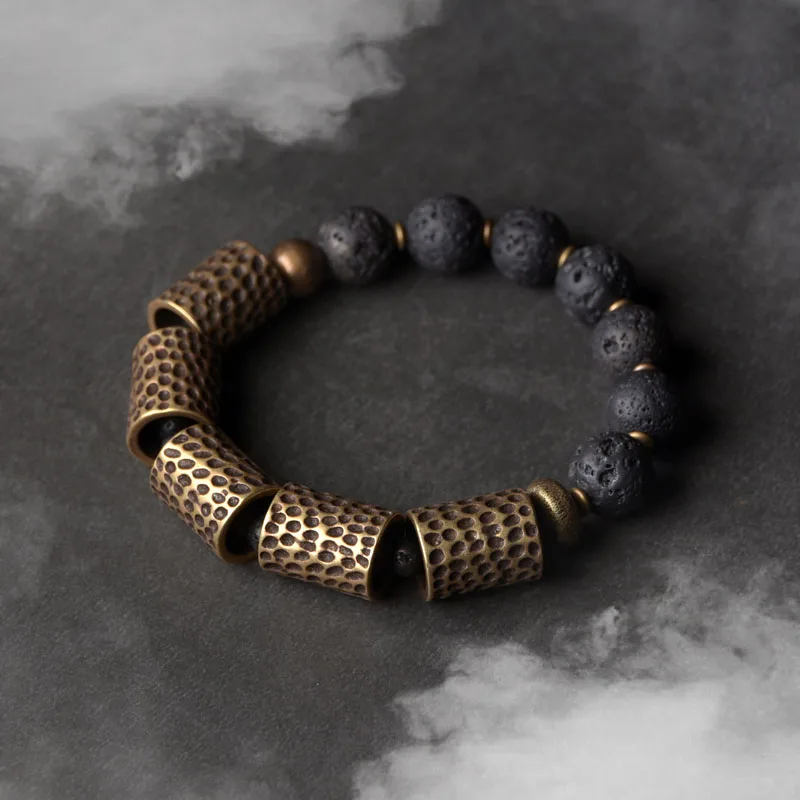 Hammered Brass and Lava Stone Bracelet