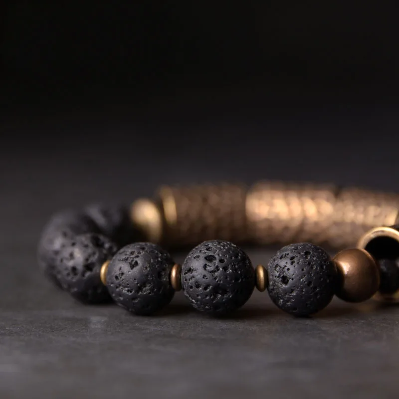 Hammered Brass and Lava Stone Bracelet