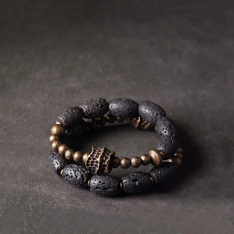 Lava Rock Stone Brass Charm Bead Bracelet