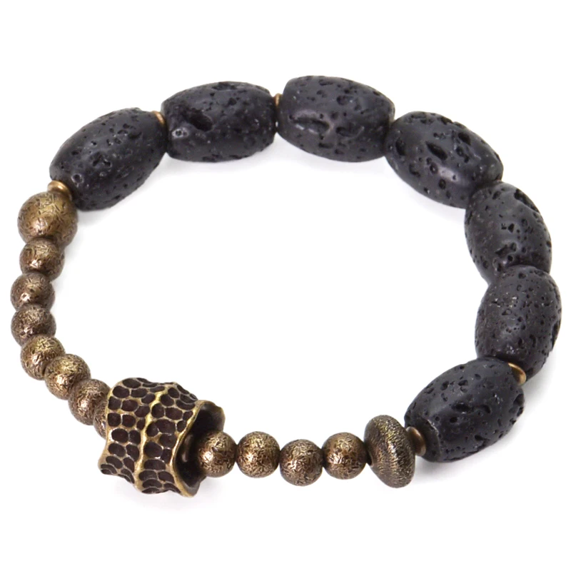 Lava Rock Stone Brass Charm Bead Bracelet