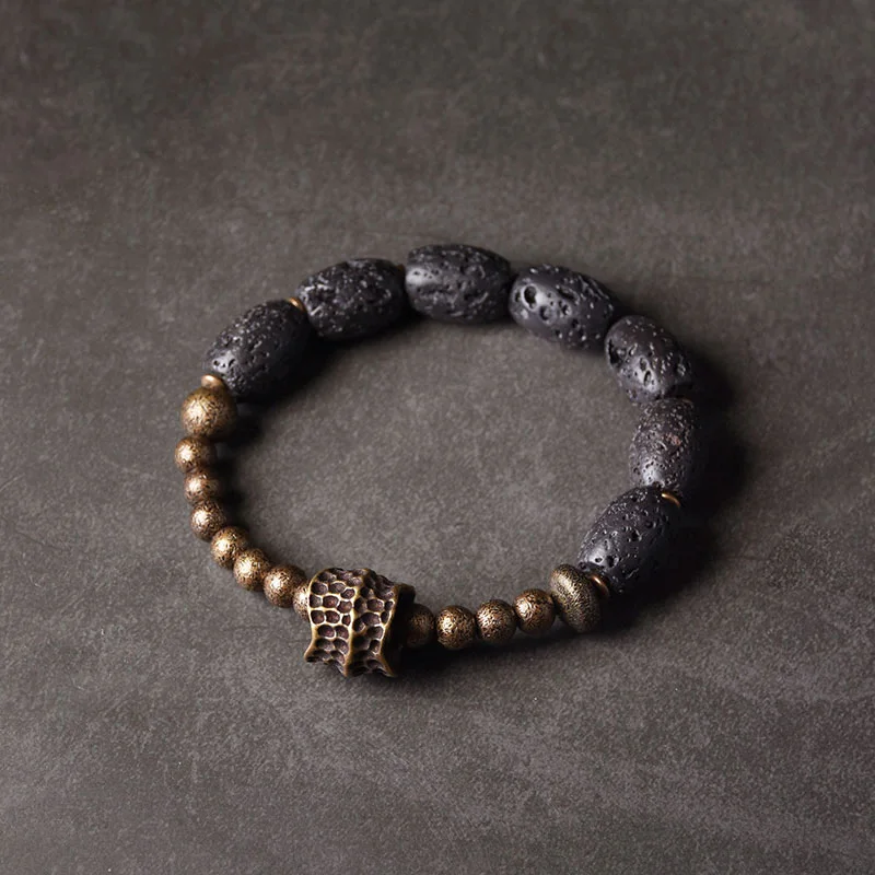 Lava Rock Stone Brass Charm Bead Bracelet
