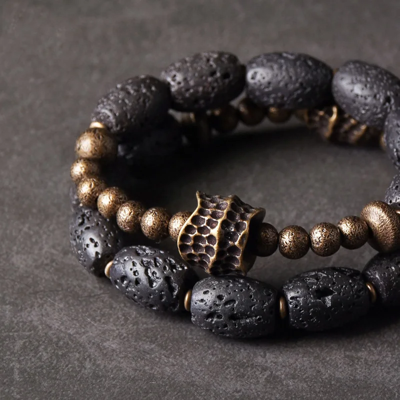 Lava Rock Stone Brass Charm Bead Bracelet