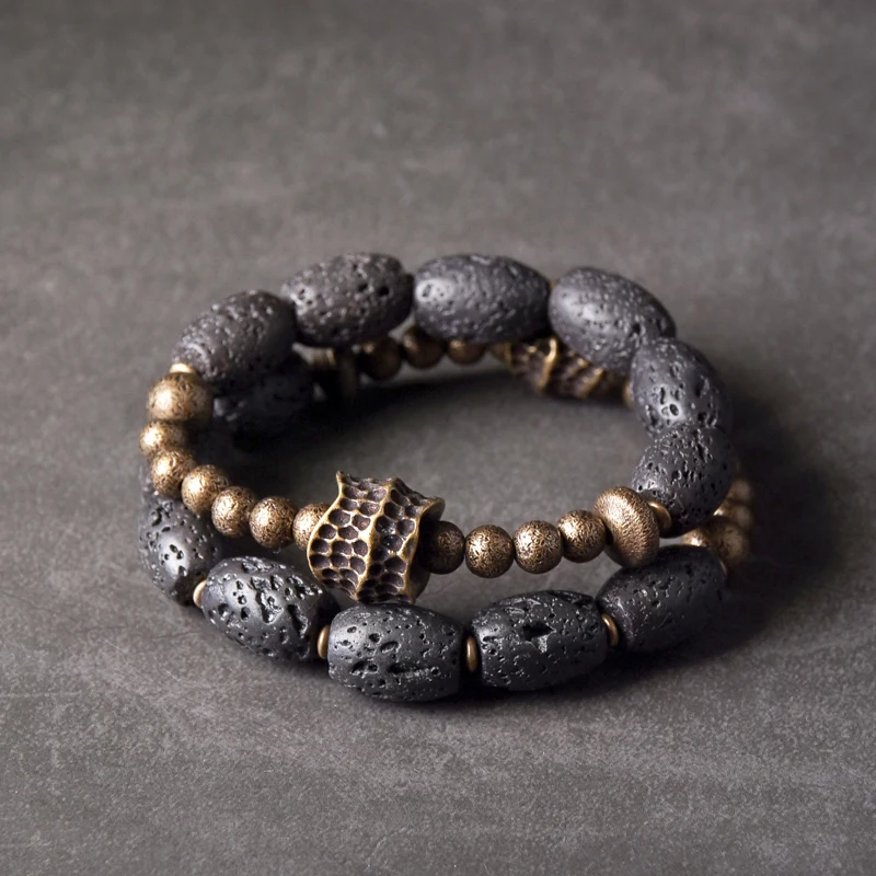 Lava Rock Stone Brass Charm Bead Bracelet