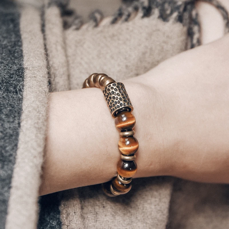 Golden Tiger Eye Hammered Brass Charm Bracelet
