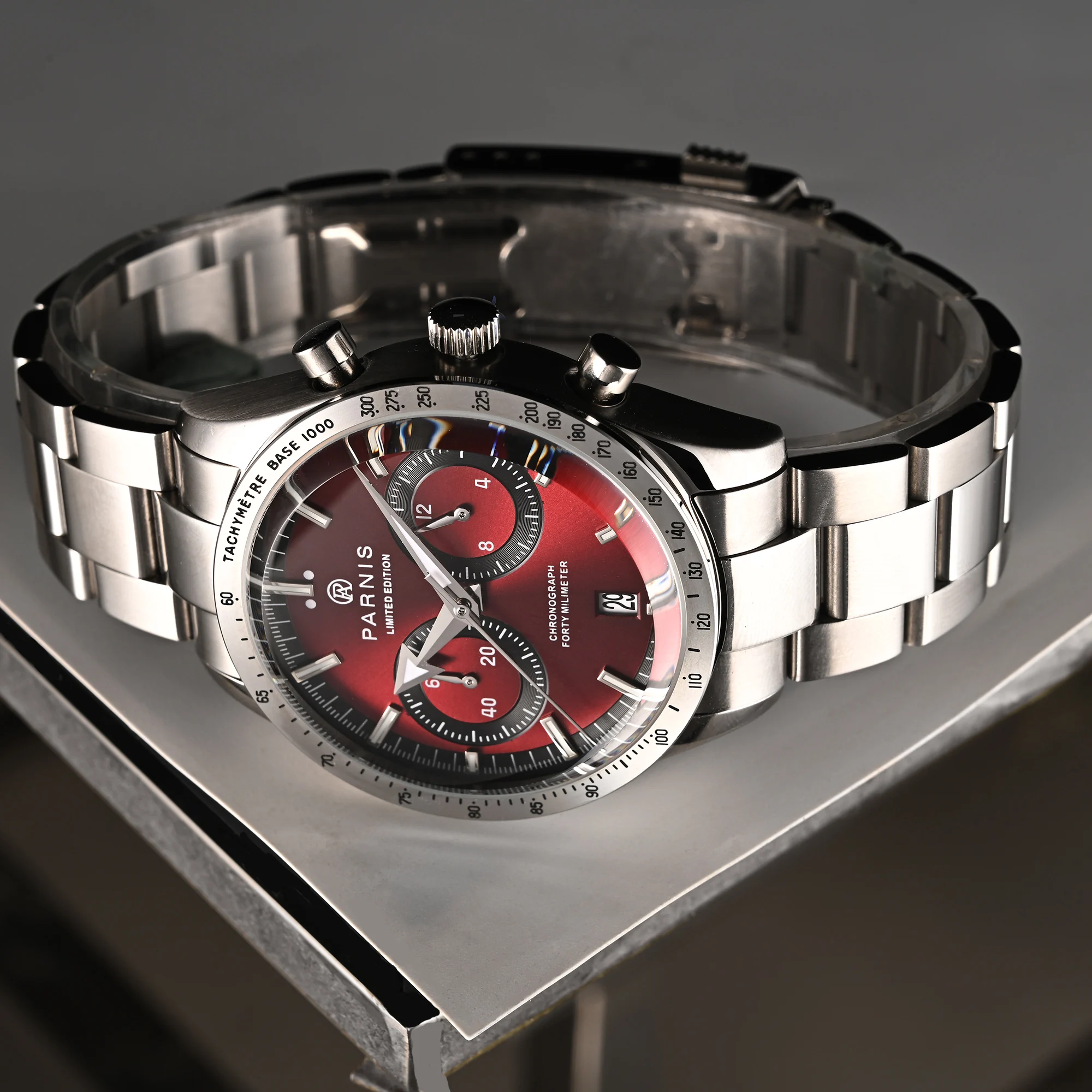 Parnis Red Dial Quartz Chronograph Watch