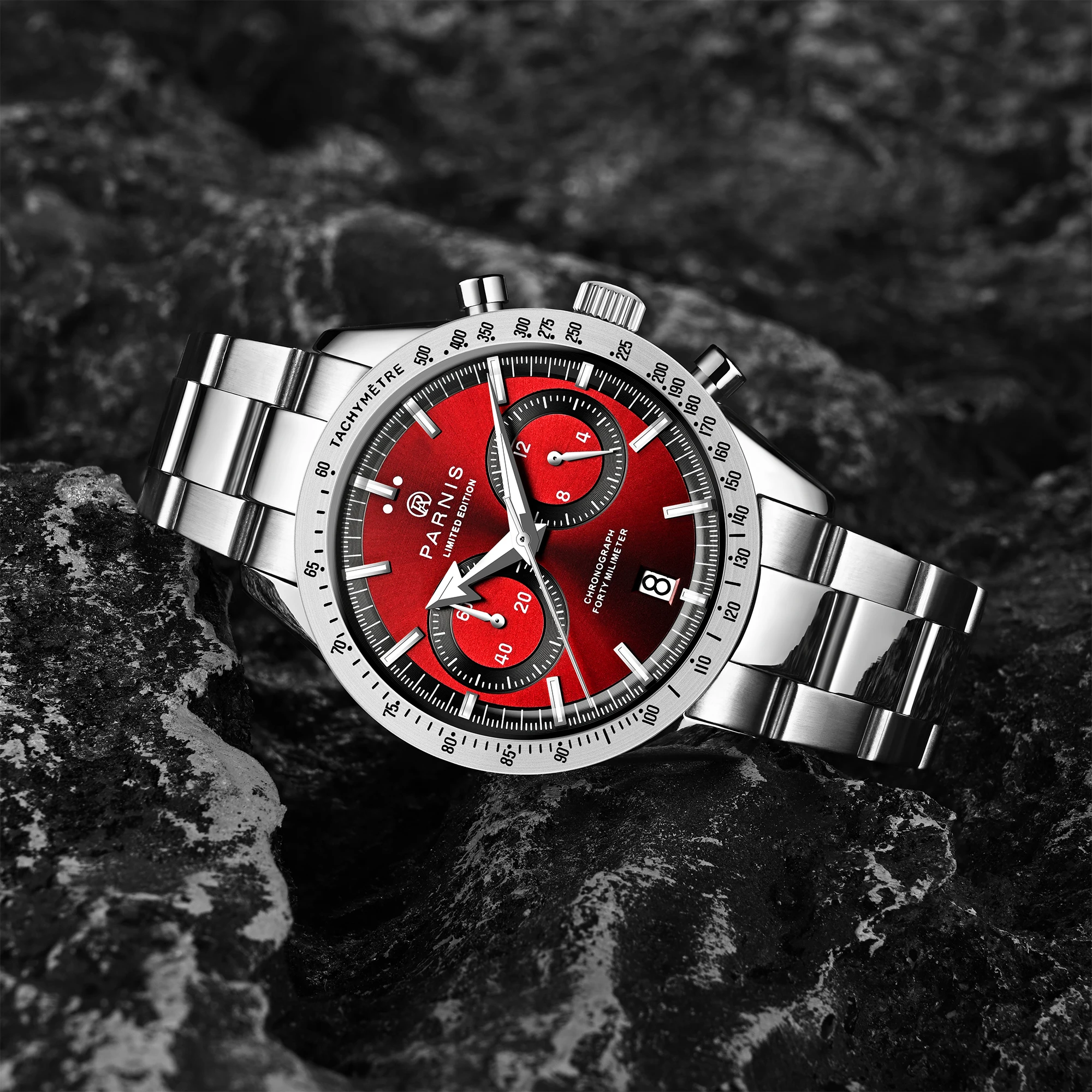 Parnis Red Dial Quartz Chronograph Watch