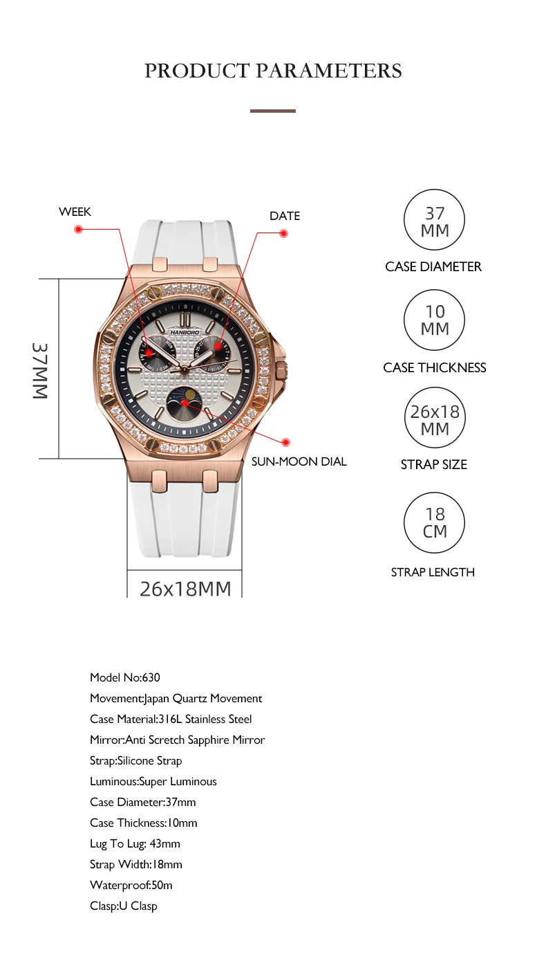 Women Luxury Quartz Wristwatch with Week Date
