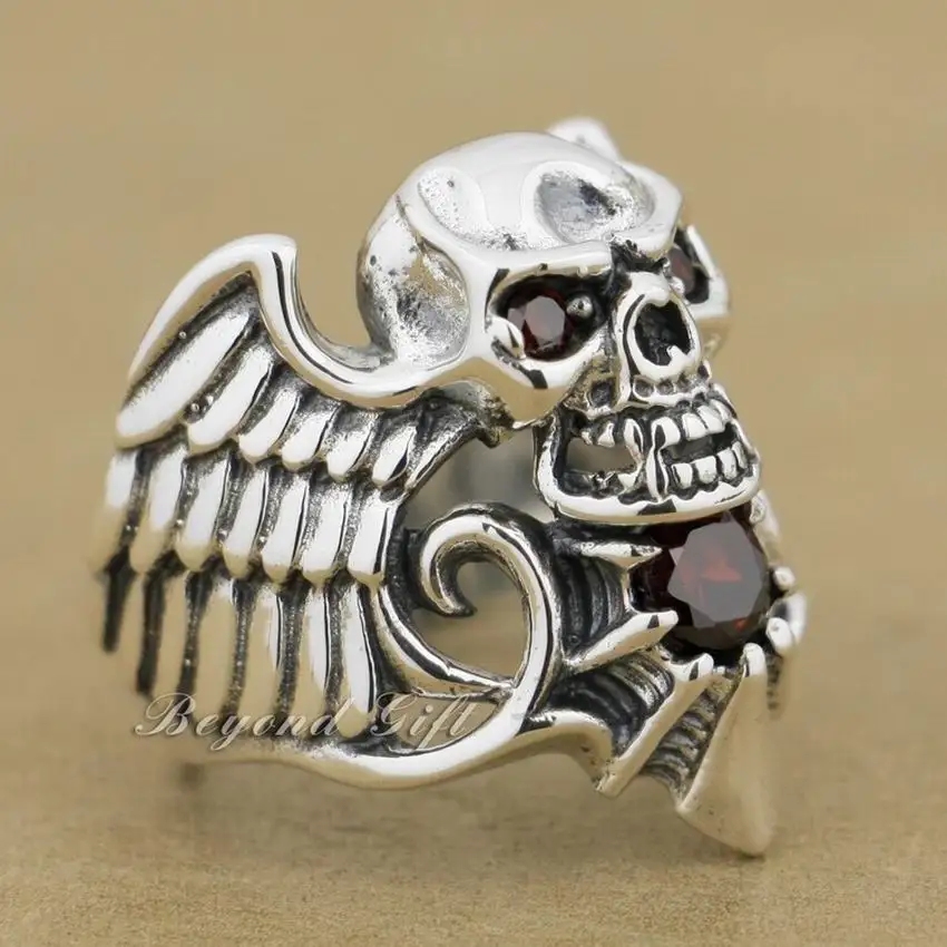 Biker Ring Devil Wing Skull Red CZ Stone