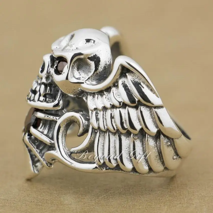 Biker Ring Devil Wing Skull Red CZ Stone