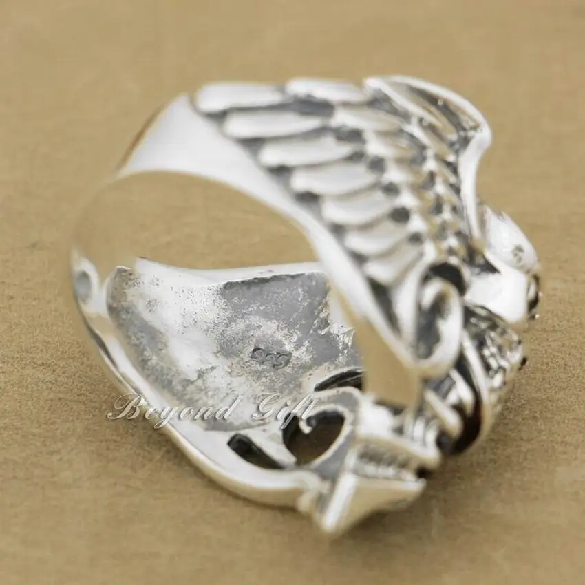 Biker Ring Devil Wing Skull Red CZ Stone