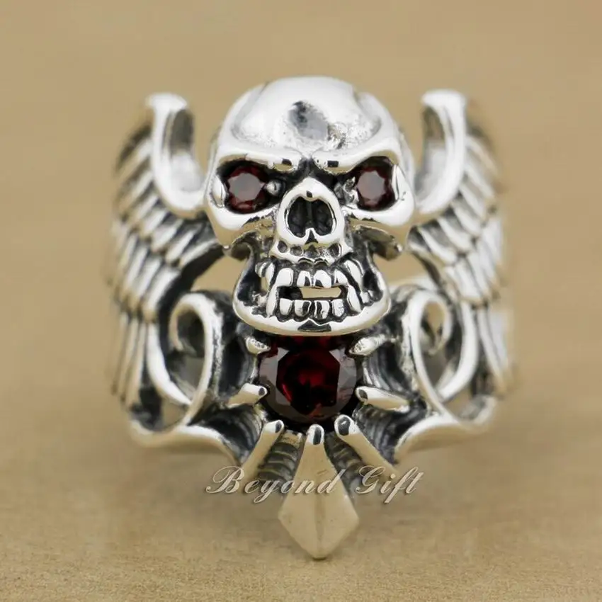 Biker Ring Devil Wing Skull Red CZ Stone
