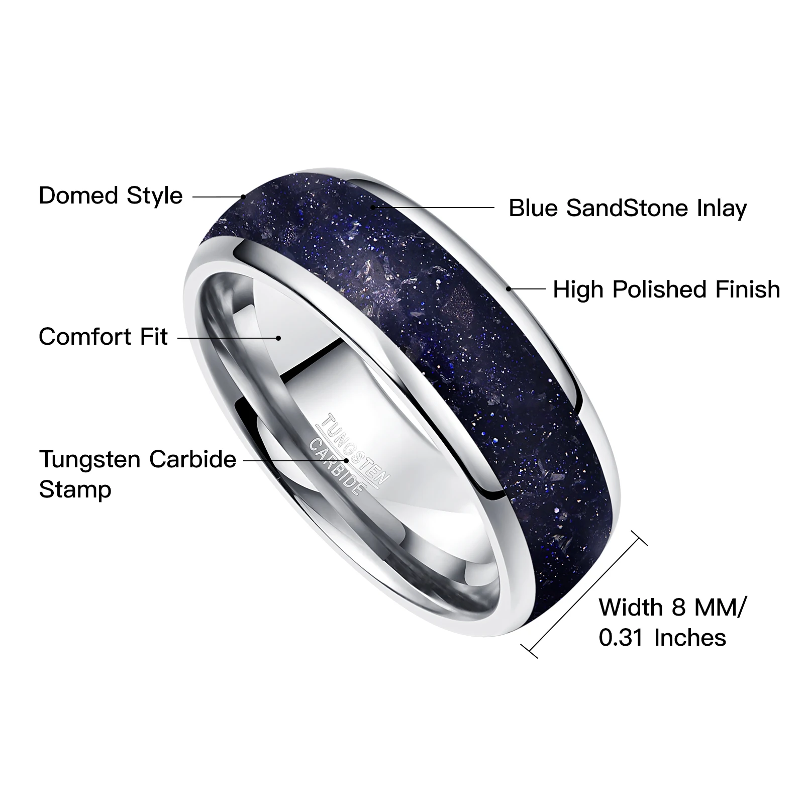 8mm Tungsten Carbide Inlaid Blue Sand Ring