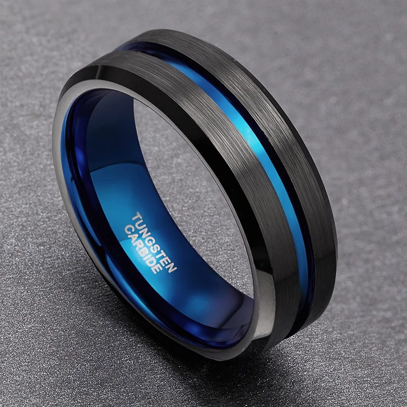 Blue Line Black Tungsten Carbide Ring